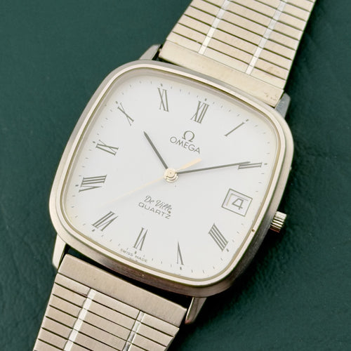 1980s Omega De Ville Square Tank - White Roman Numeral Dial - Steel Bracelet