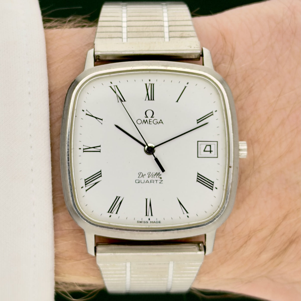 1980s Omega De Ville Square Tank - White Roman Numeral Dial - Steel Bracelet