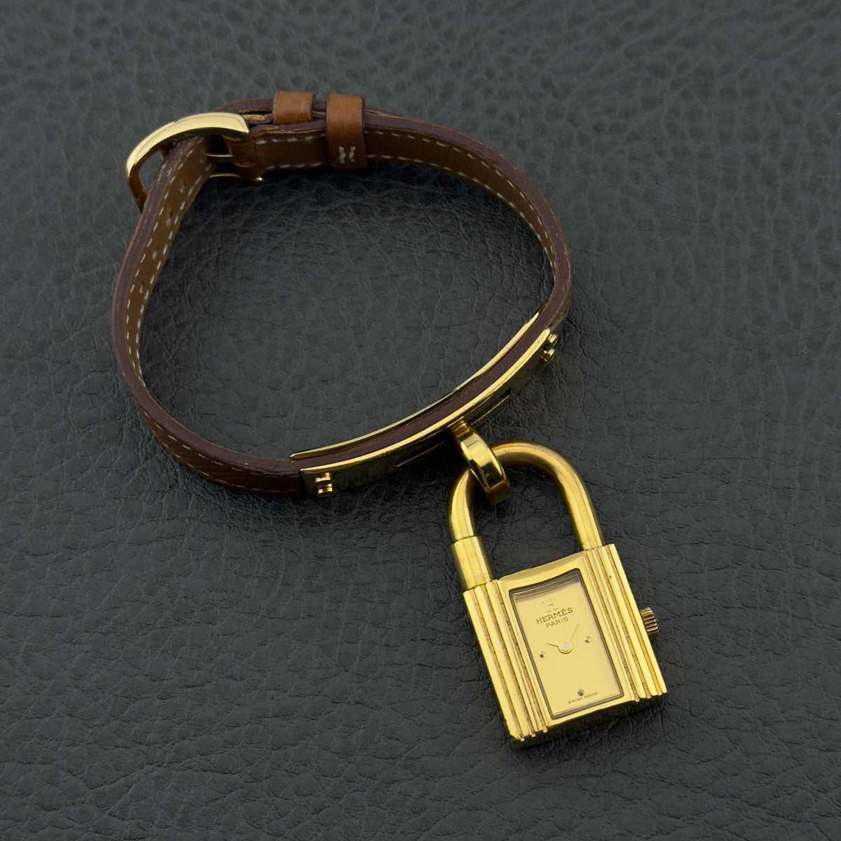 Hermes Kelly Lock Watch - Brown Leather Bracelet & Gold Buckle