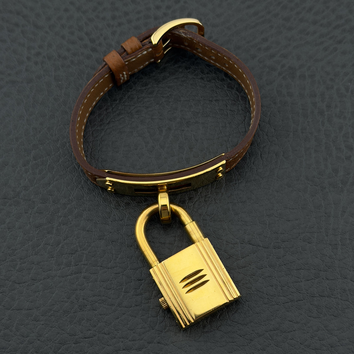 Hermes Kelly Lock Watch - Brown Leather Bracelet & Gold Buckle