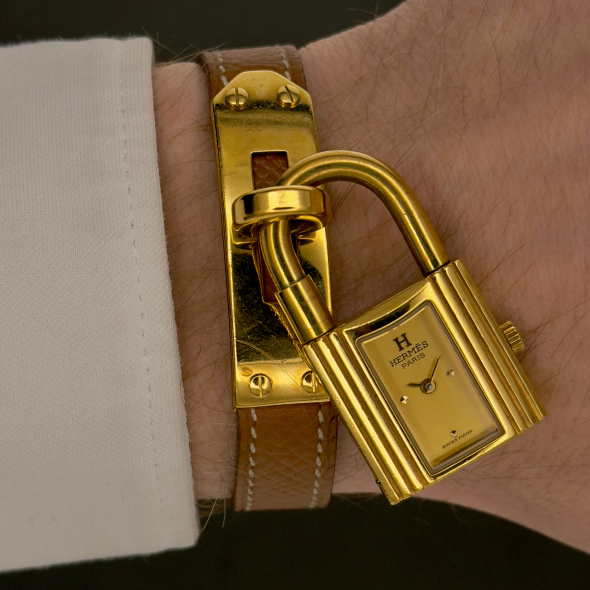 Hermes Kelly Lock Watch - Brown Leather Bracelet & Gold Buckle