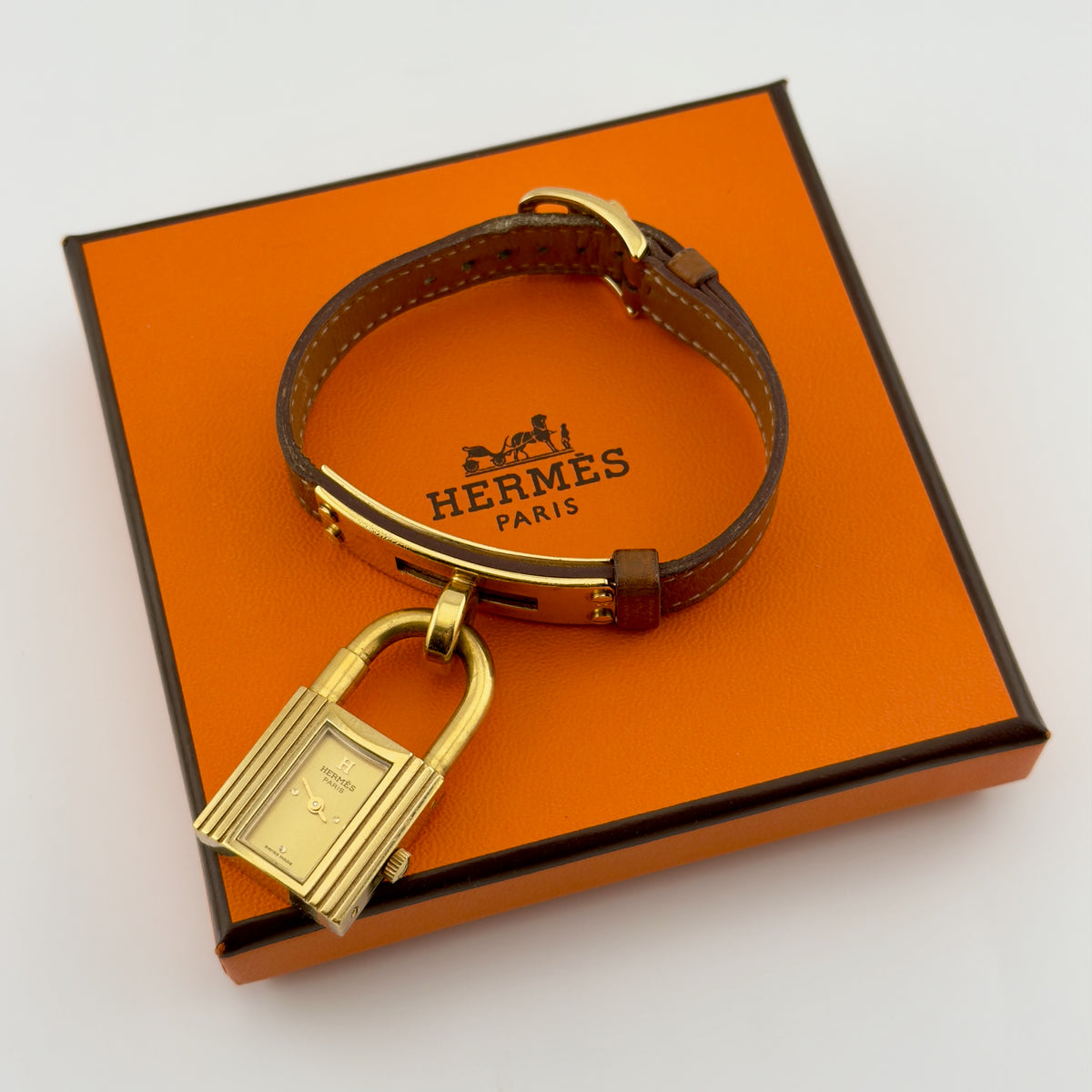 Hermes Kelly Padlock Gold Dial - Quartz - Brown Leather - Womens Watch