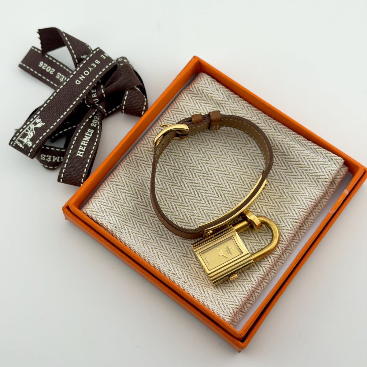 Hermes Kelly Padlock Gold Dial - Quartz - Brown Leather - Womens Watch
