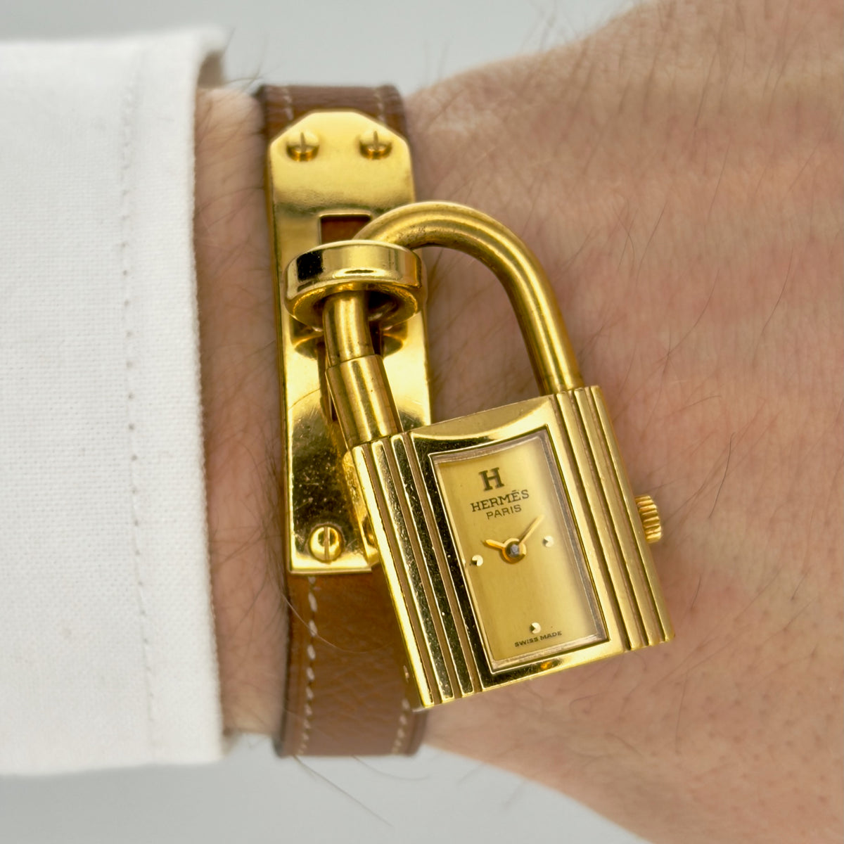Hermes Kelly Padlock Gold Dial - Quartz - Brown Leather - Womens Watch