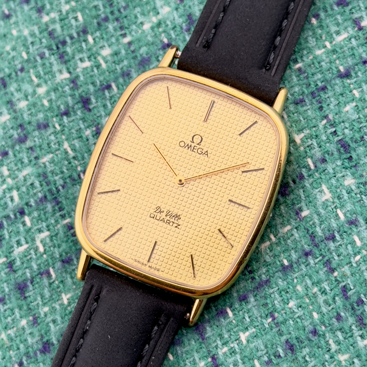 Vintage 1980s Omega De Ville Tank - Gold Waffle Dial - Quartz - Mens Watch