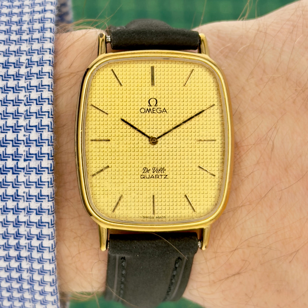 Vintage 1980s Omega De Ville Tank - Gold Waffle Dial - Quartz - Mens Watch